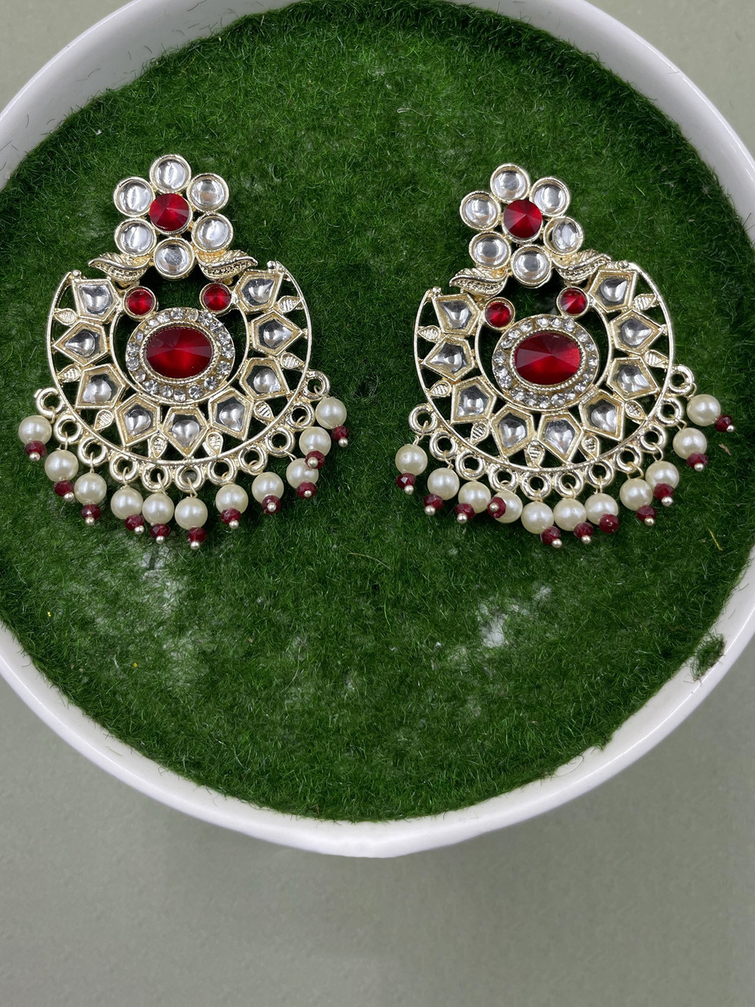 

Rhymee Gold Plated Floral Kundan Studded & Beaded Chandbalis