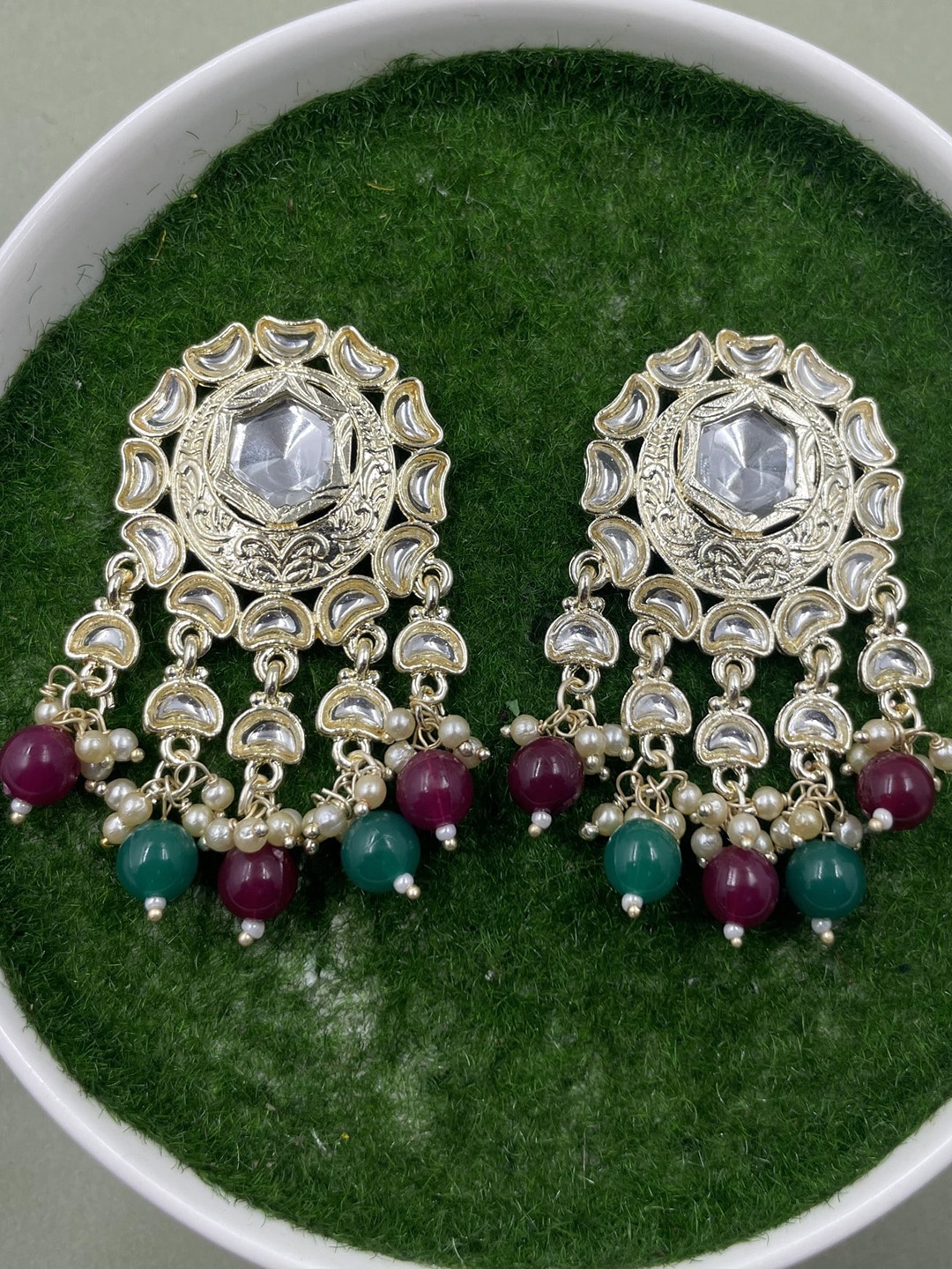 

Rhymee Gold Plated Contemporary Kundan Studded & Beaded Drop Earrings