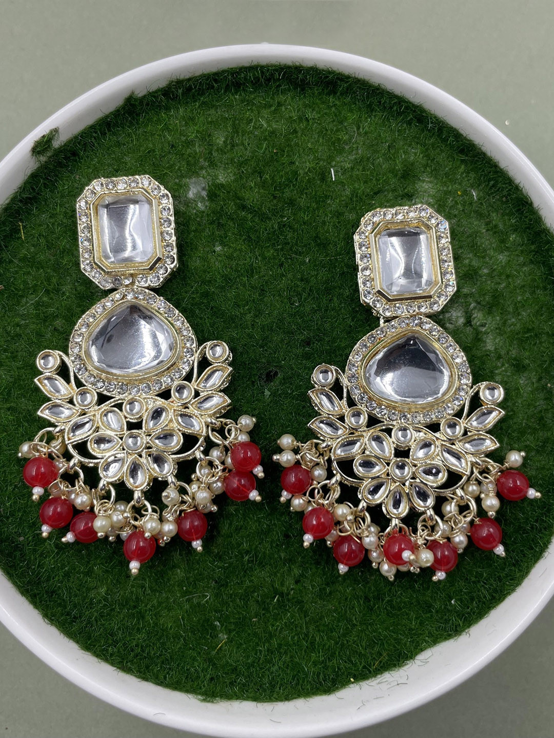 

Rhymee Gold Plated Contemporary Kundan Studded & Beaded Drop Earrings