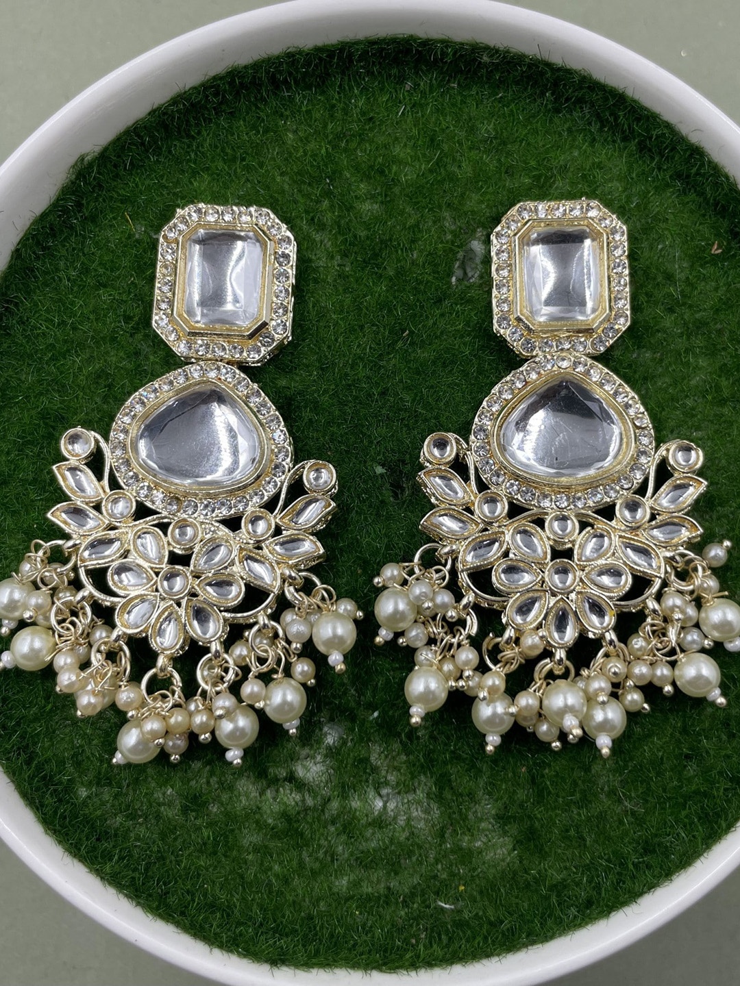 

Rhymee Gold Plated Floral Kundan Studded & Beaded Drop Earrings