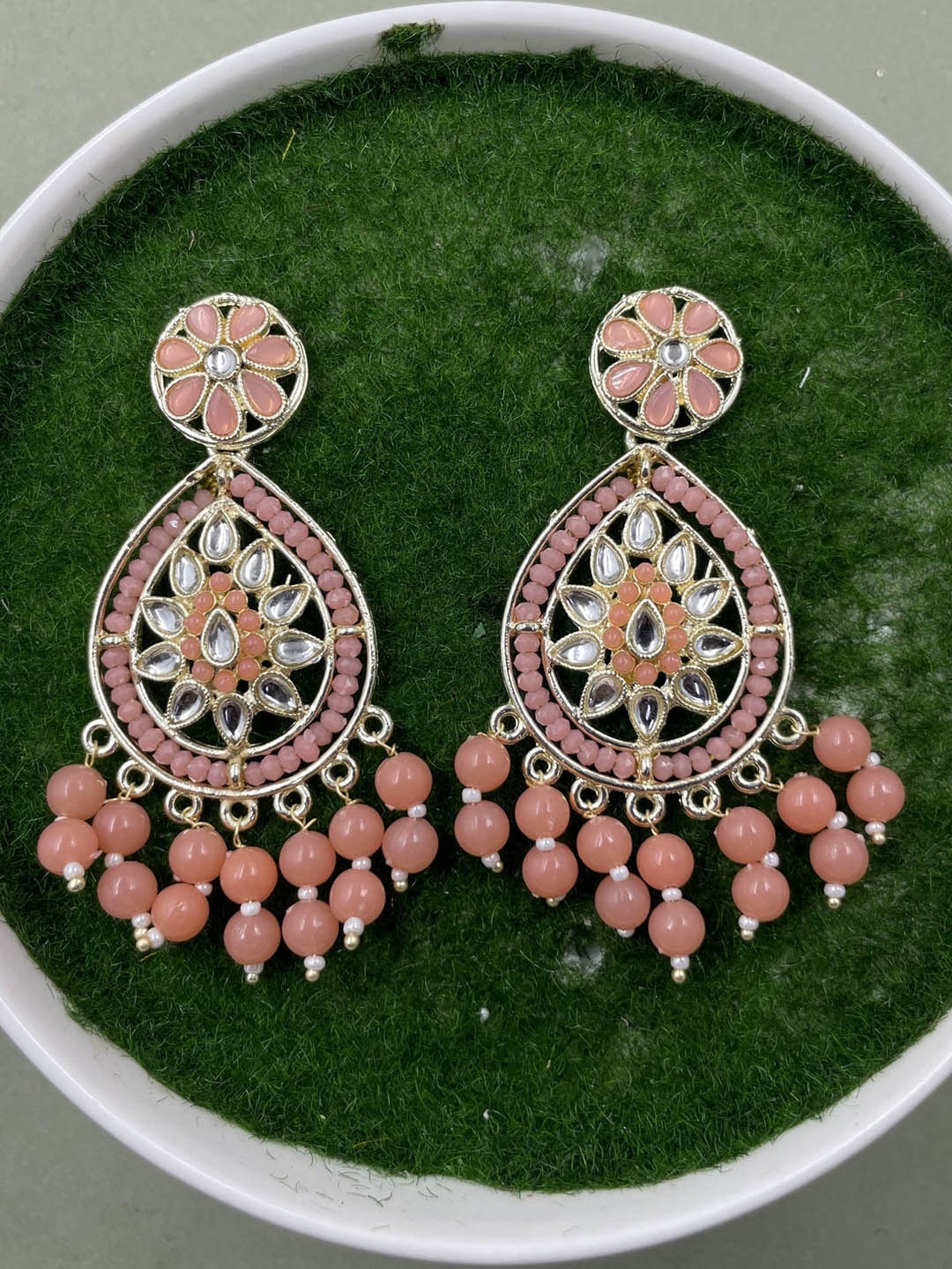 

Rhymee Gold Plated Contemporary Kundan Studded & Beaded Drop Earrings