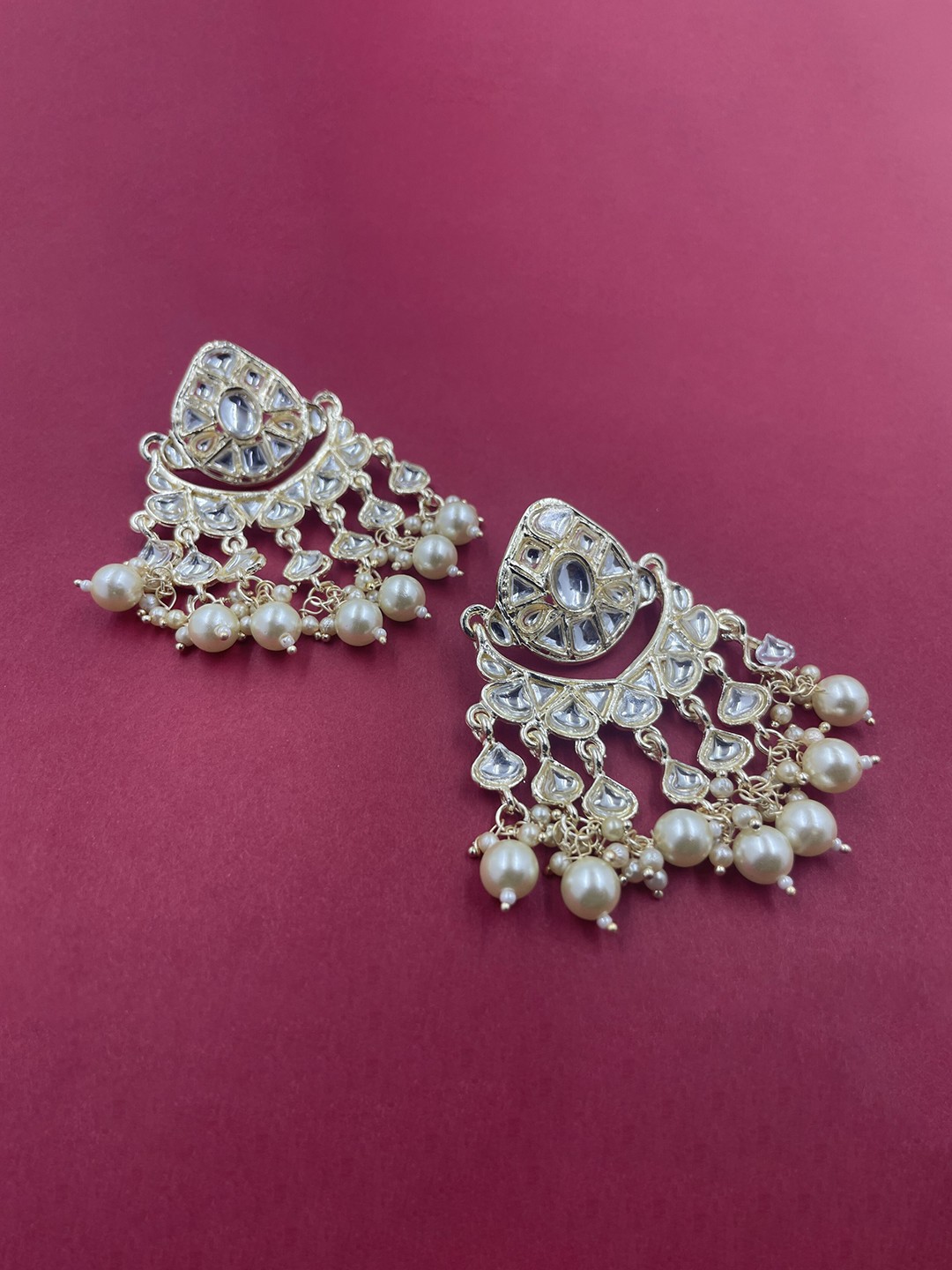 

Rhymee Gold-Plated Floral Pearls Kundan Studded Chandbalis Earrings