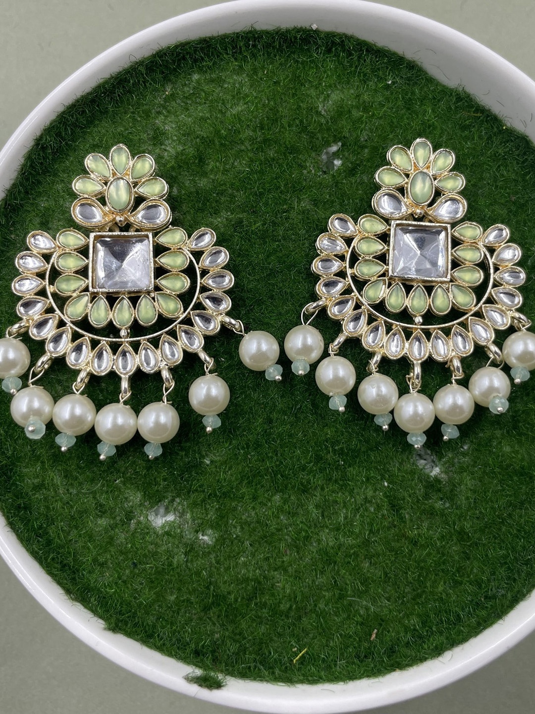 

Rhymee Gold-Plated Floral Pearls Kundan Studded Chandbalis Earrings