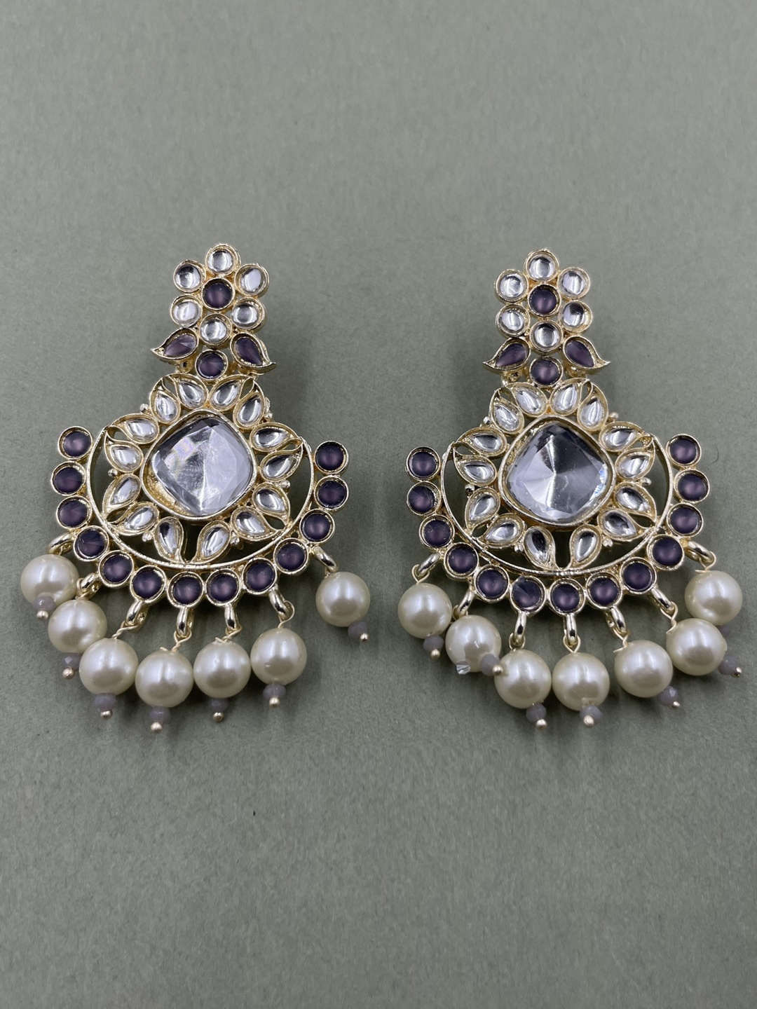 

Rhymee Gold-Plated Floral Pearls Kundan Studded Chandbalis Earrings