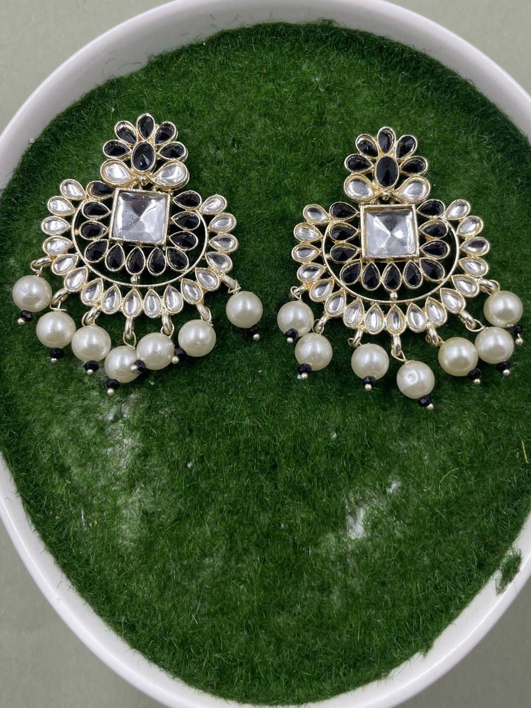 

Rhymee Gold-Plated Floral Pearls Kundan Studded Chandbalis Earrings