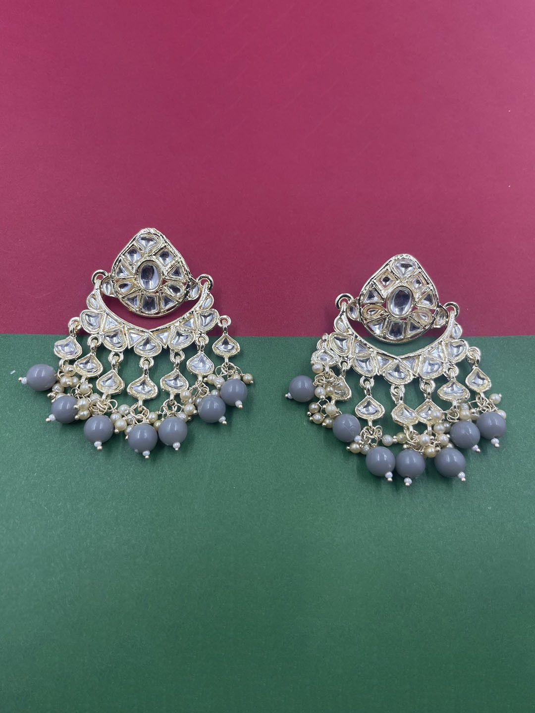 

Rhymee Gold-Plated Floral Pearls Kundan Studded Chandbalis Earrings