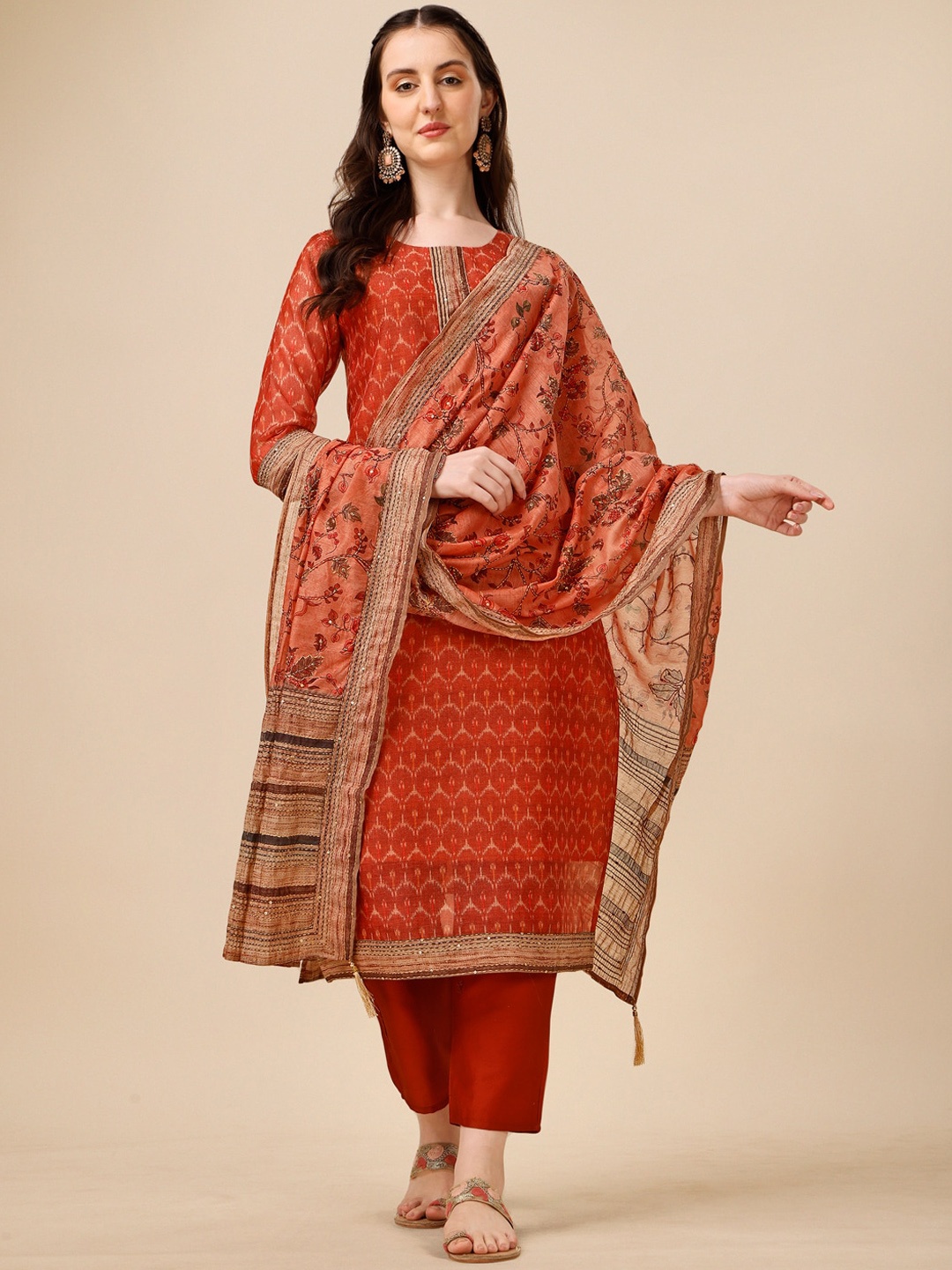 

Berrylicious Floral Printed Chanderi Cotton Kurta With Trousers & Dupatta, Orange