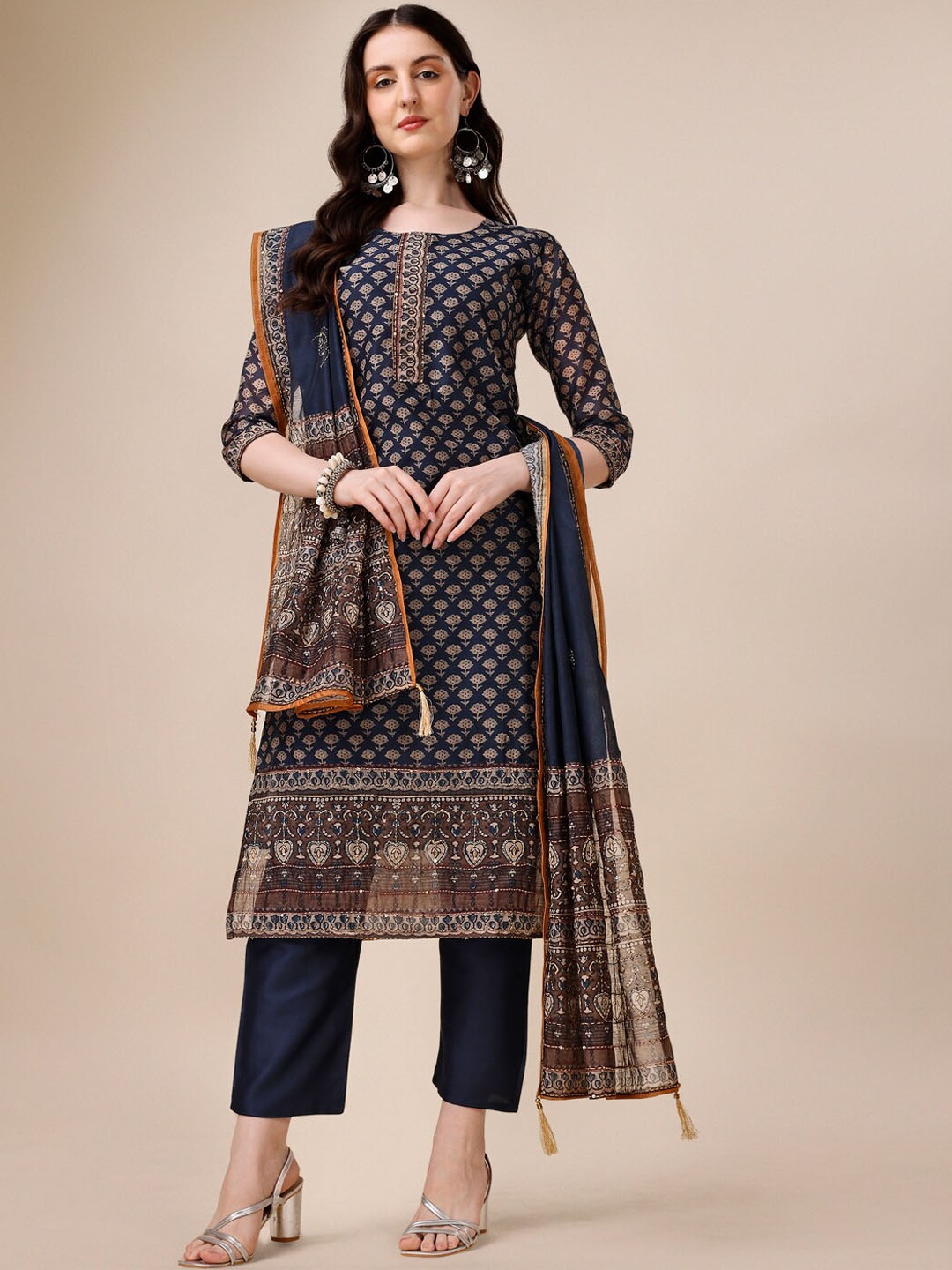 

Berrylicious Floral Printed Chanderi Cotton Kurta With Trousers & Dupatta, Blue