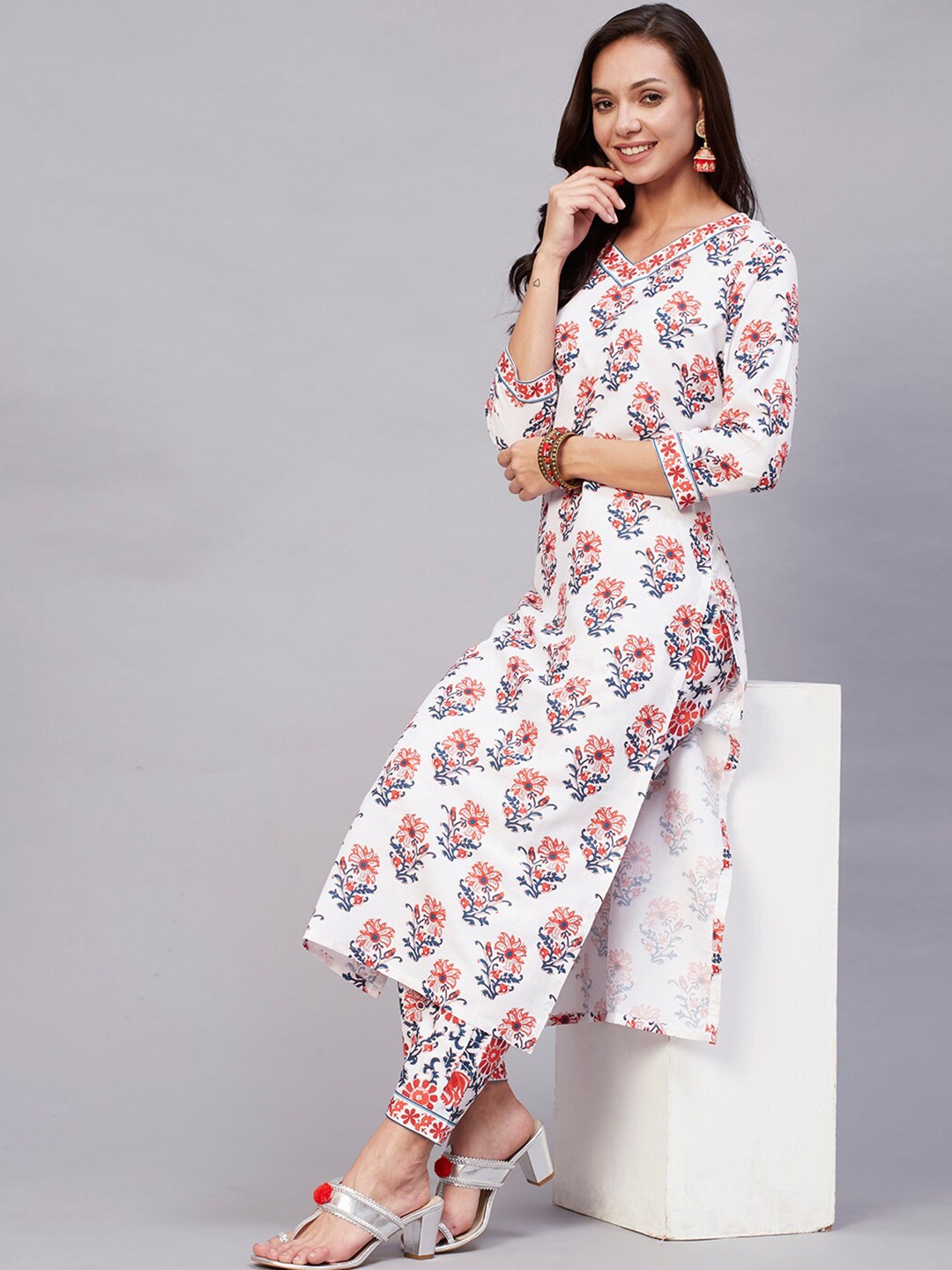 

KALINI V-Neck Floral Printed Kurta with Trousers, White