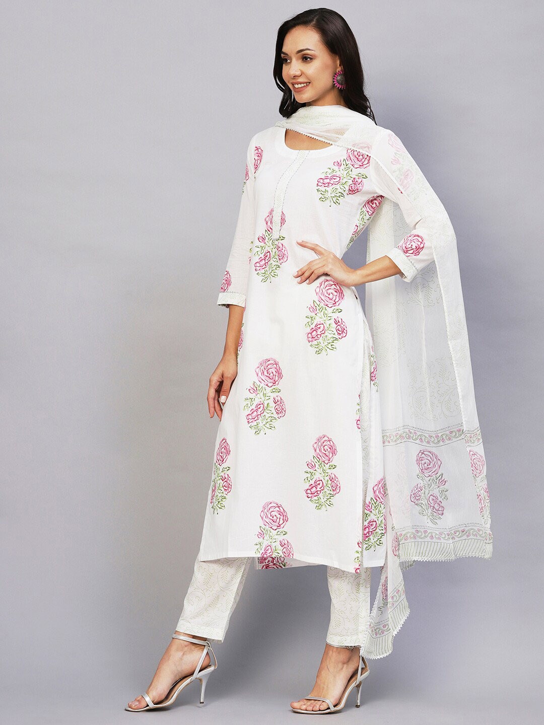 

KALINI Floral Printed Gotta Patti Kurta with Trouser & Dupatta, White