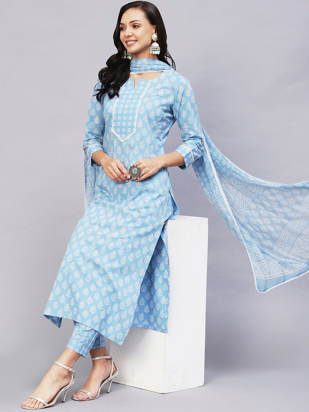 

KALINI Lace Work Floral Printed Kurta with Trousers & Dupatta, Blue