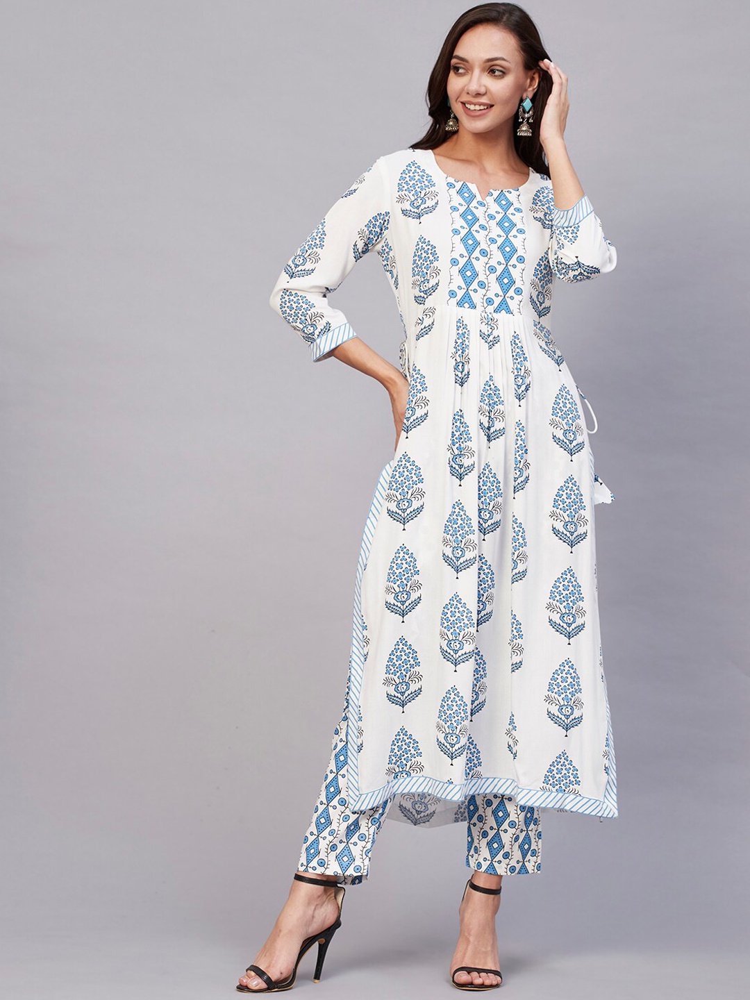 

KALINI Notched Neck Floral Printed Kurta with Trousers, White