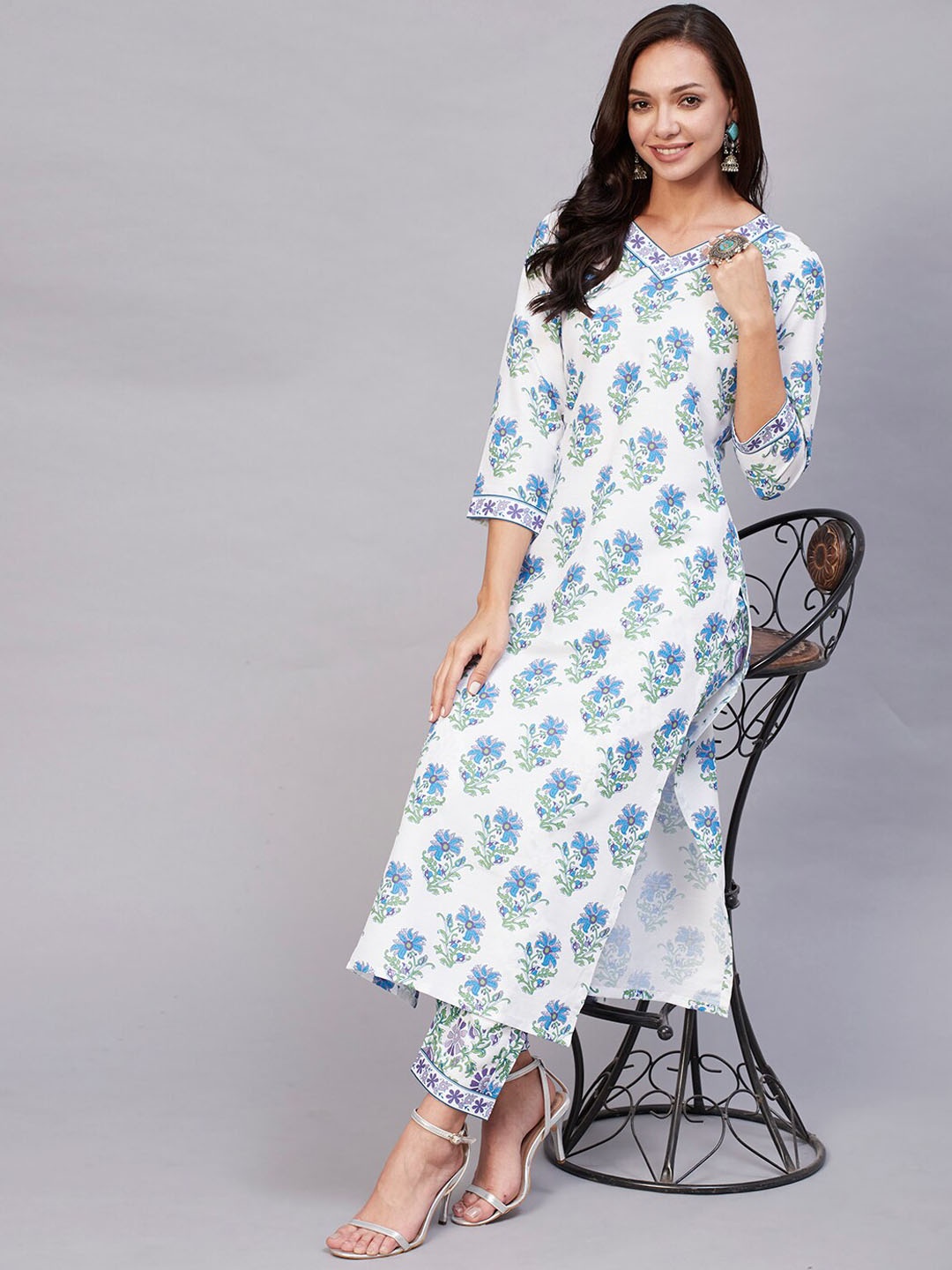 

KALINI V-Neck Floral Printed Kurta with Trousers, White