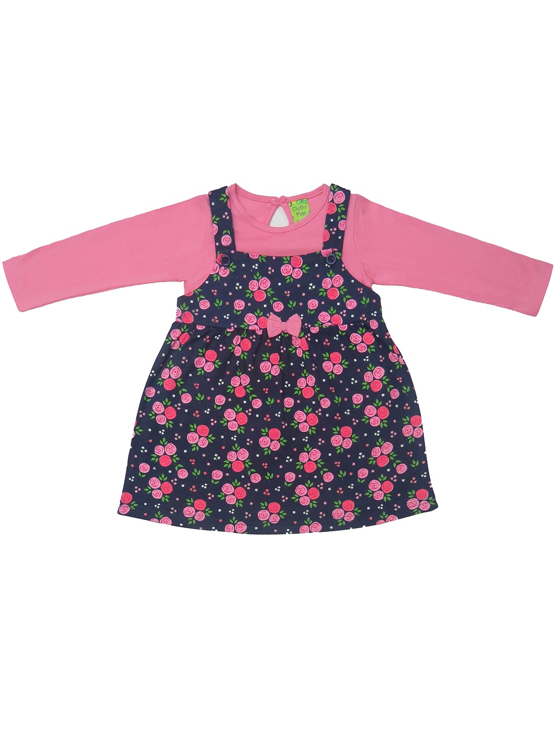 

Clothe Funn Girls Floral Printed Cotton Pinafore Dress With Top, Navy blue