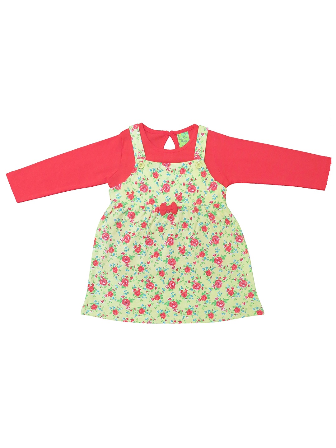 

Clothe Funn Girls Floral Printed Cotton Pinafore Dress With Top, Lime green