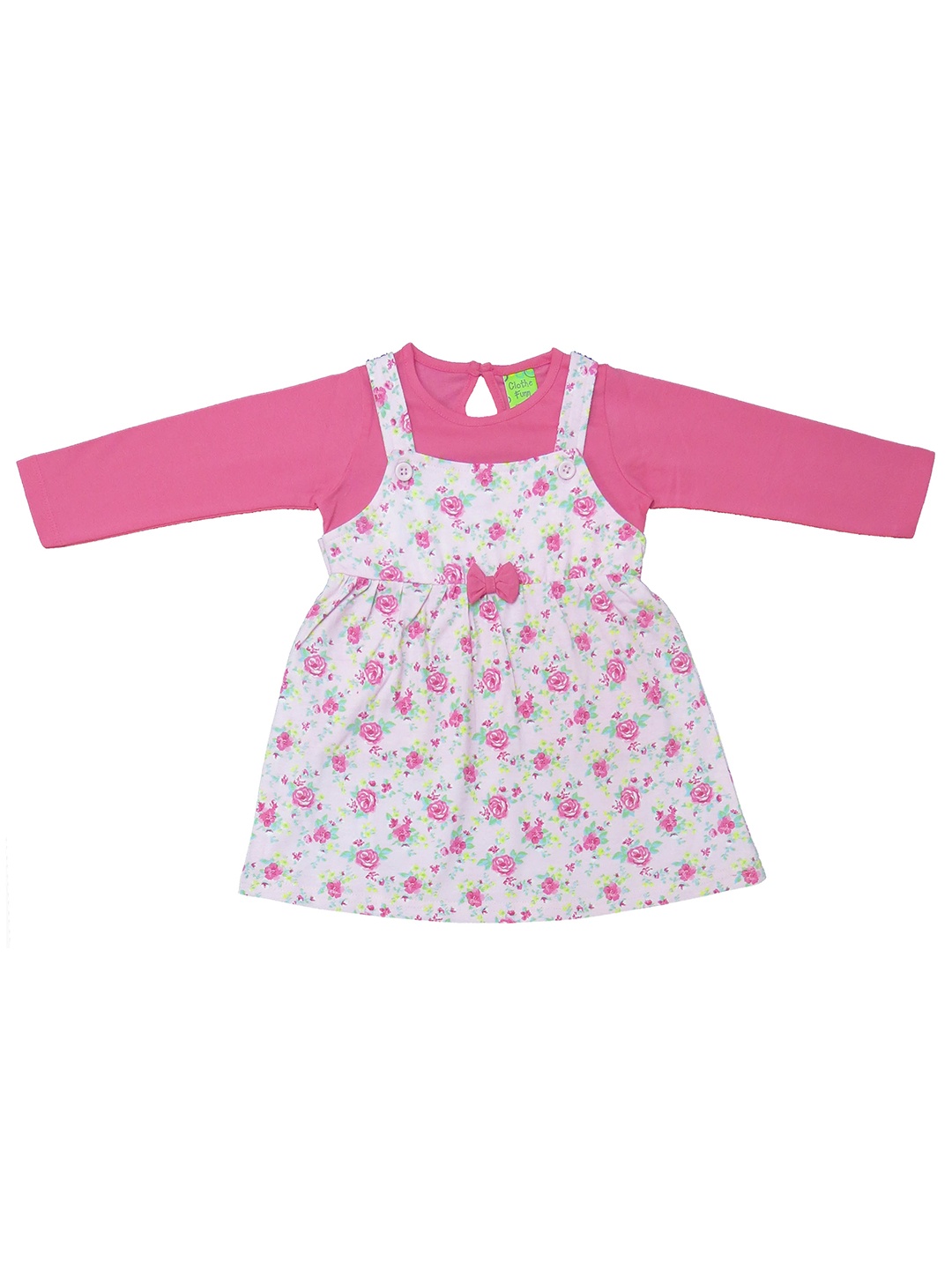 

Clothe Funn Girls Floral Printed Cotton Pinafore Dress With Top, Pink