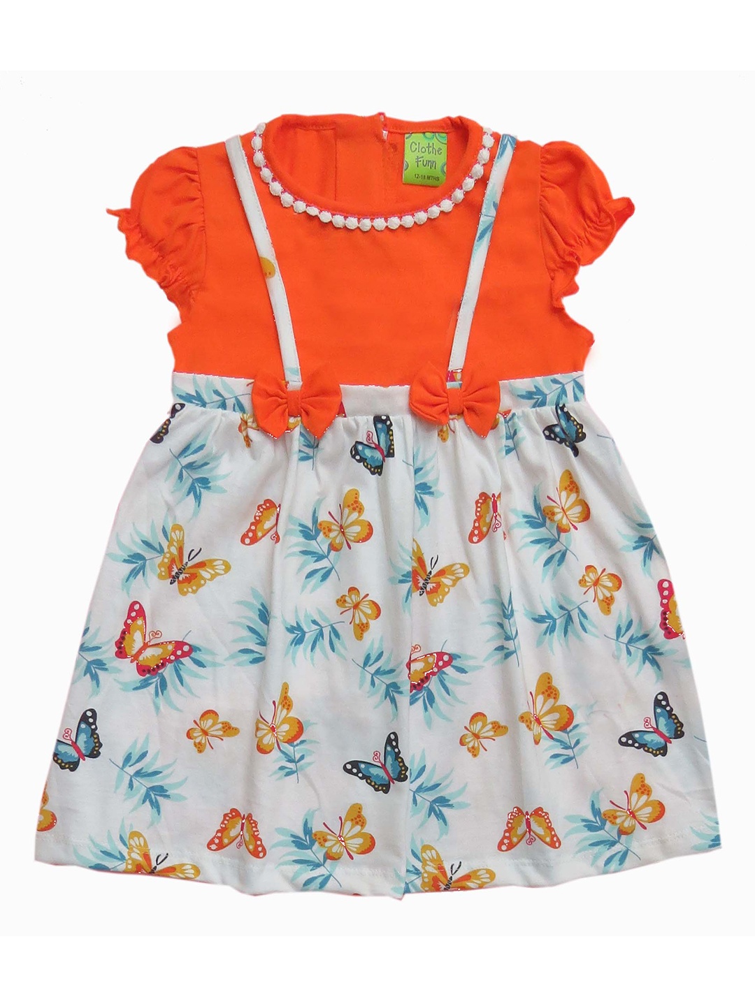 

Clothe Funn Girls Conversational Printed Puff Sleeves Cotton Fit & Flare Dress, Orange