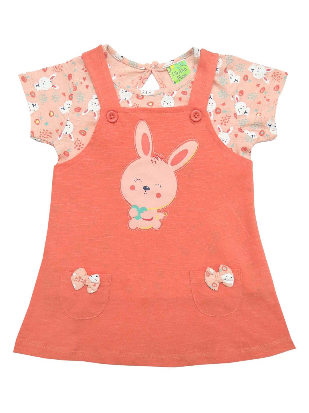 

Clothe Funn Girls Conversational Printed Cotton Pinafore Dress With Top, Peach