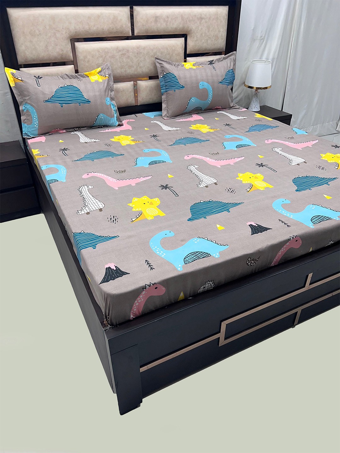 

Pure Decor Kids Grey & Blue Cartoon Characters 300 TC Queen Bedsheet With 2 Pillow Covers