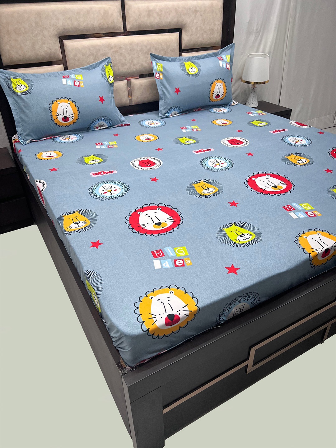 

Pure Decor Kids Blue & Yellow Cartoon Characters 300 TC Queen Bedsheet & 2 Pillow Covers