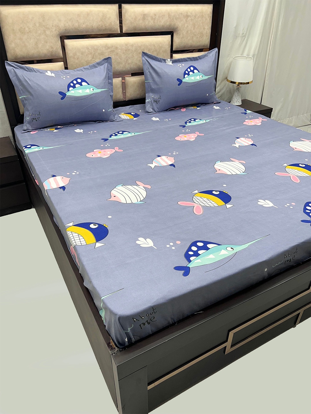 

Pure Decor Kids Blue & Grey Cartoon Characters 300 TC Queen Bedsheet With 2 Pillow Covers