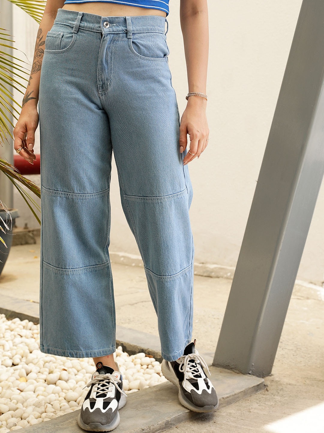 

STREET 9 Women Blue High-Rise Pure Cotton Wide leg denim Jeans