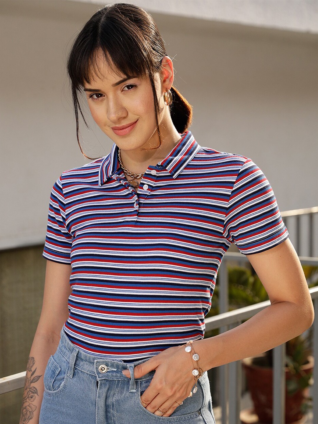 

STREET 9 Blue & White Striped Polo Collar Pure Cotton T-shirt