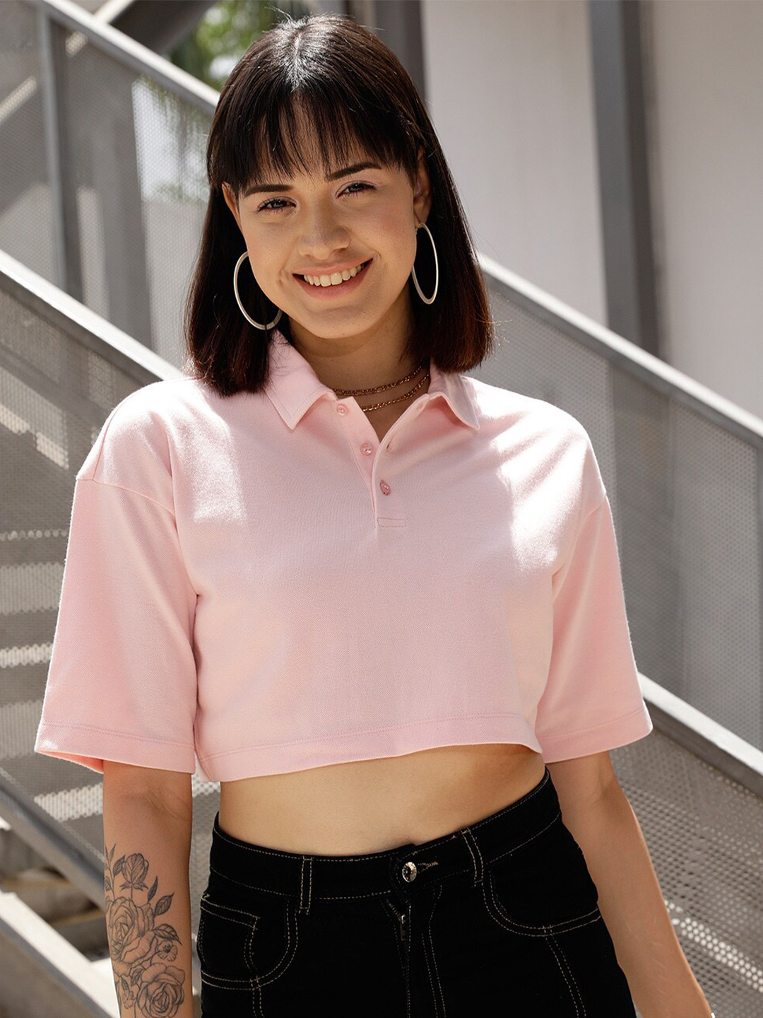 

STREET 9 BASICS Pink Polo Collar Drop Shoulder Sleeves Crop Pure Cotton Oversized T-shirt