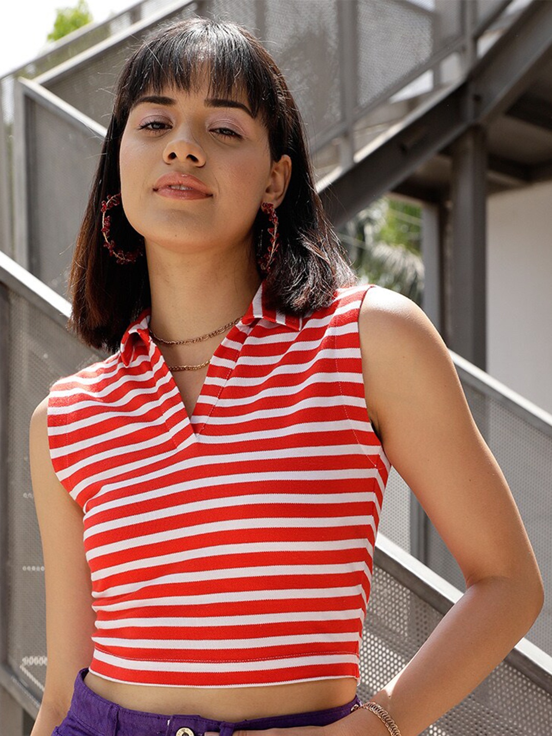 

STREET 9 Red & White Striped Polo Collar Crop Pure Cotton T-shirt