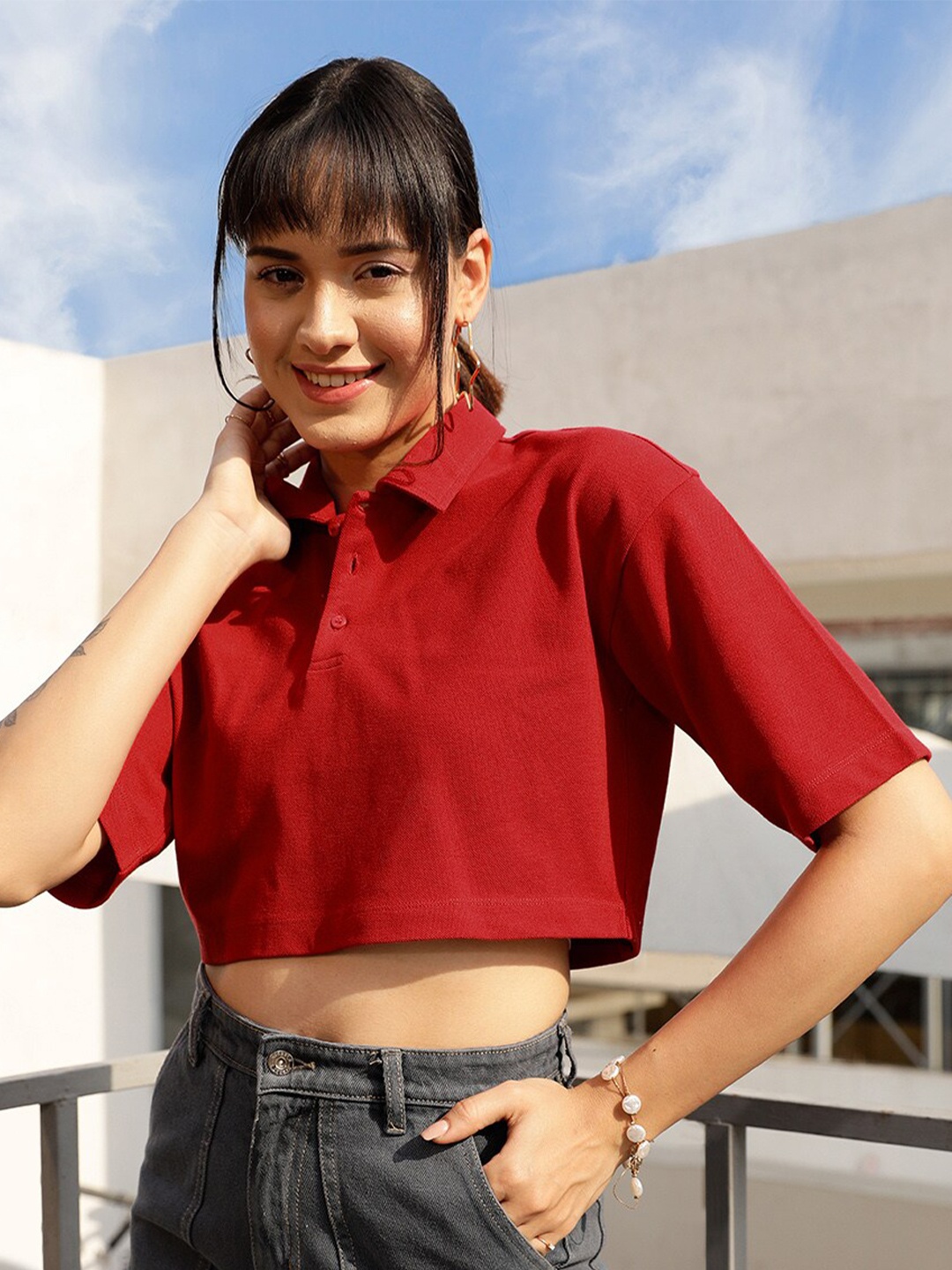

STREET 9 Red Polo Collar Drop Shoulder Sleeves Crop Pure Cotton Oversized T-shirt