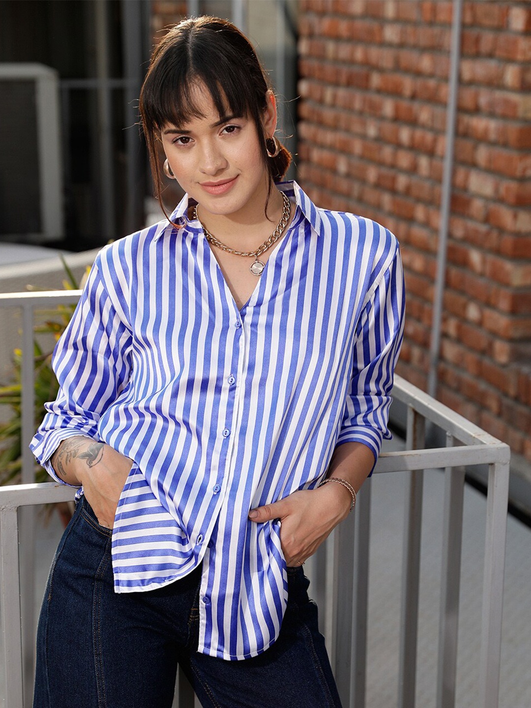 

STREET 9 Blue & White Premium Opaque Striped Casual Shirt