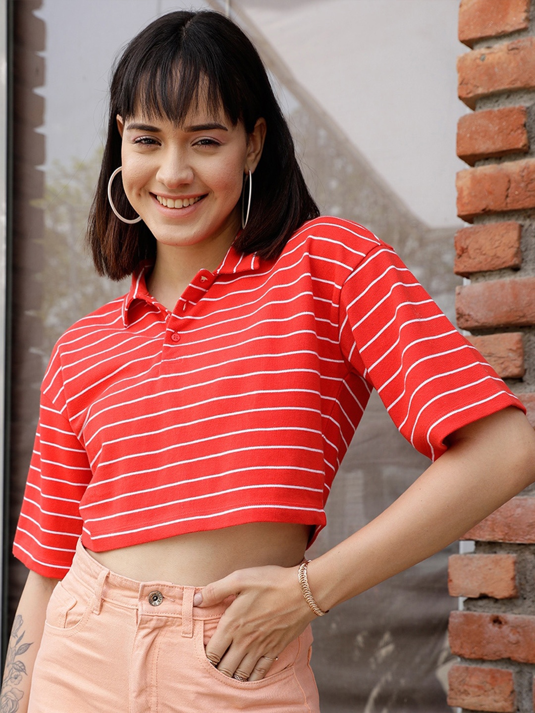 

STREET 9 Red & White Striped Polo Collar Crop Pure Cotton T-shirt