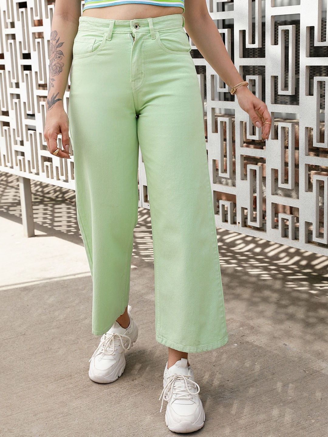 

STREET 9 Women Green Jean Wide Leg High-Rise Dark Shade Pure Cotton Jeans