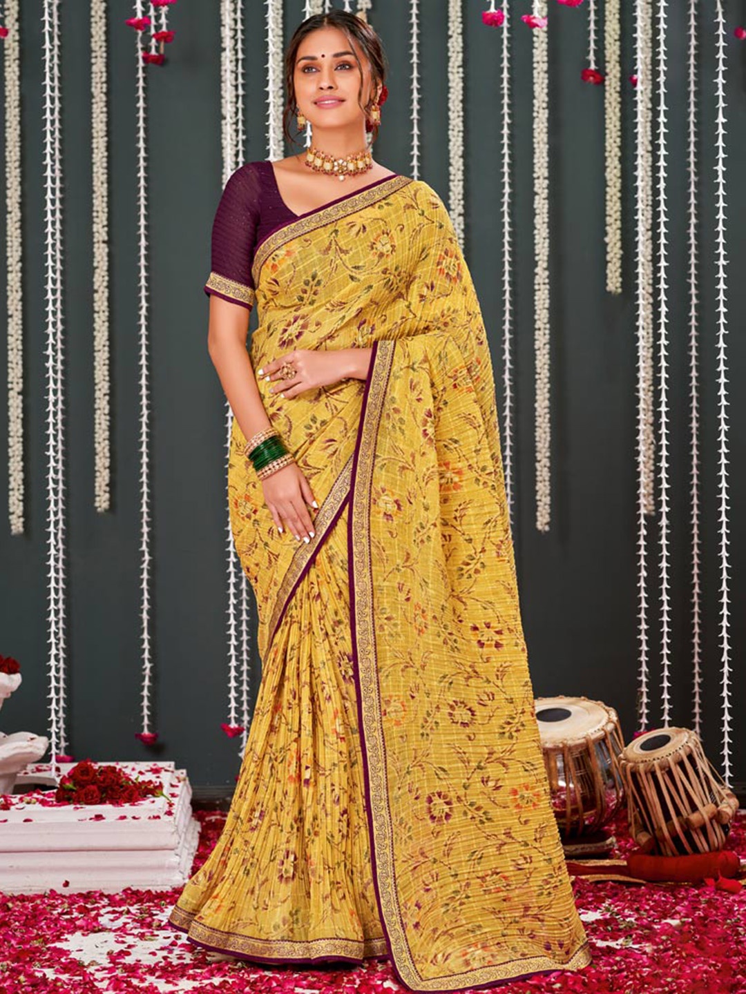 

Vishal Prints Floral printed Zari Brasso Saree, Mustard