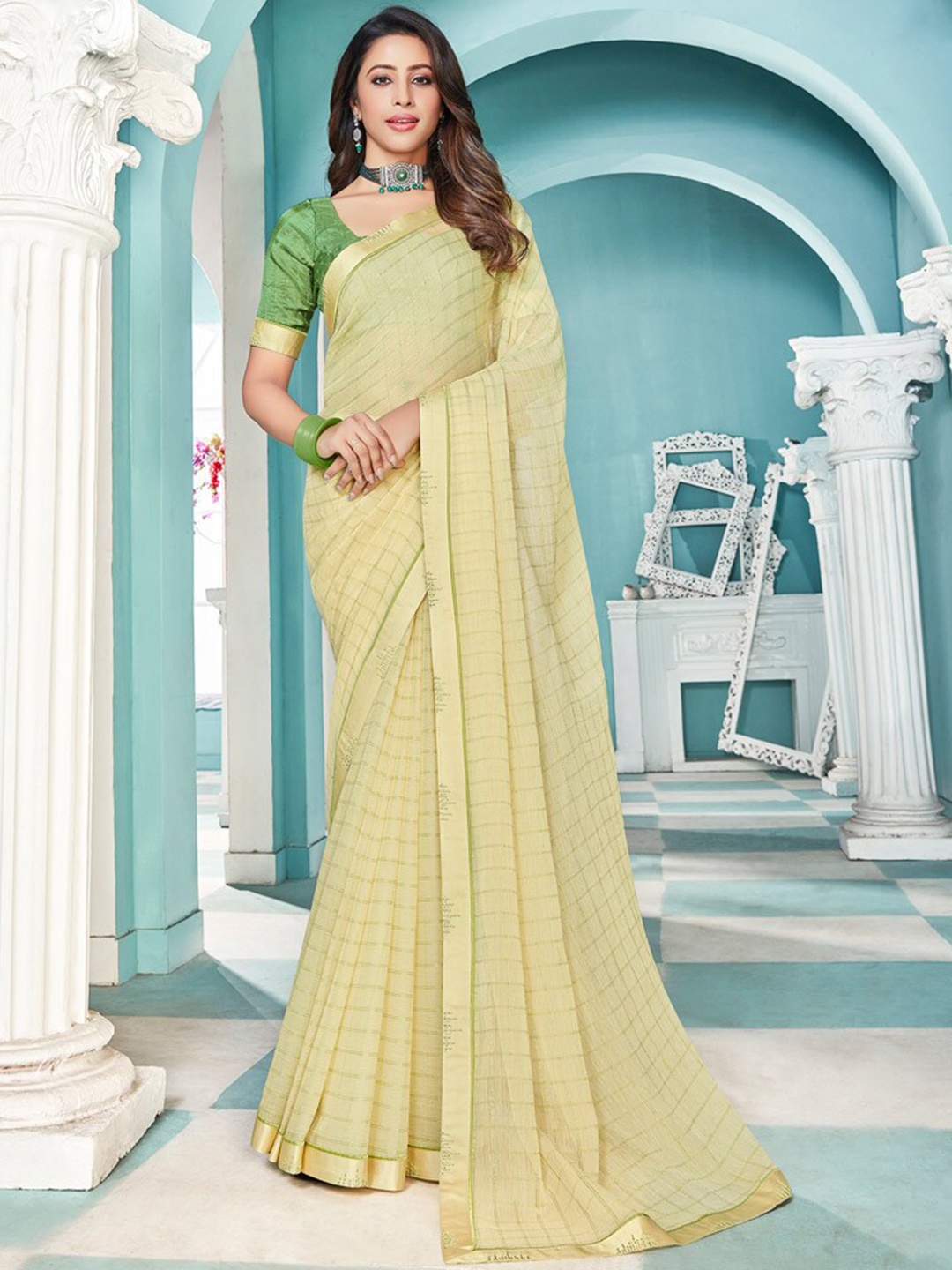 

Vishal Prints Checked Zari Poly Chiffon Saree With Blouse Piece, Yellow
