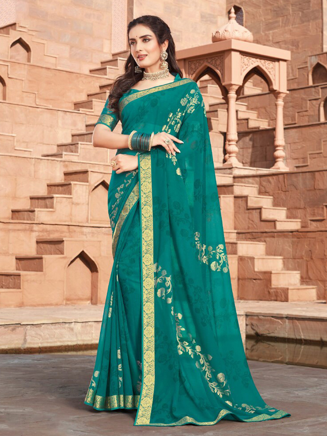 

Vishal Prints Floral Printed Zari Saree, Teal