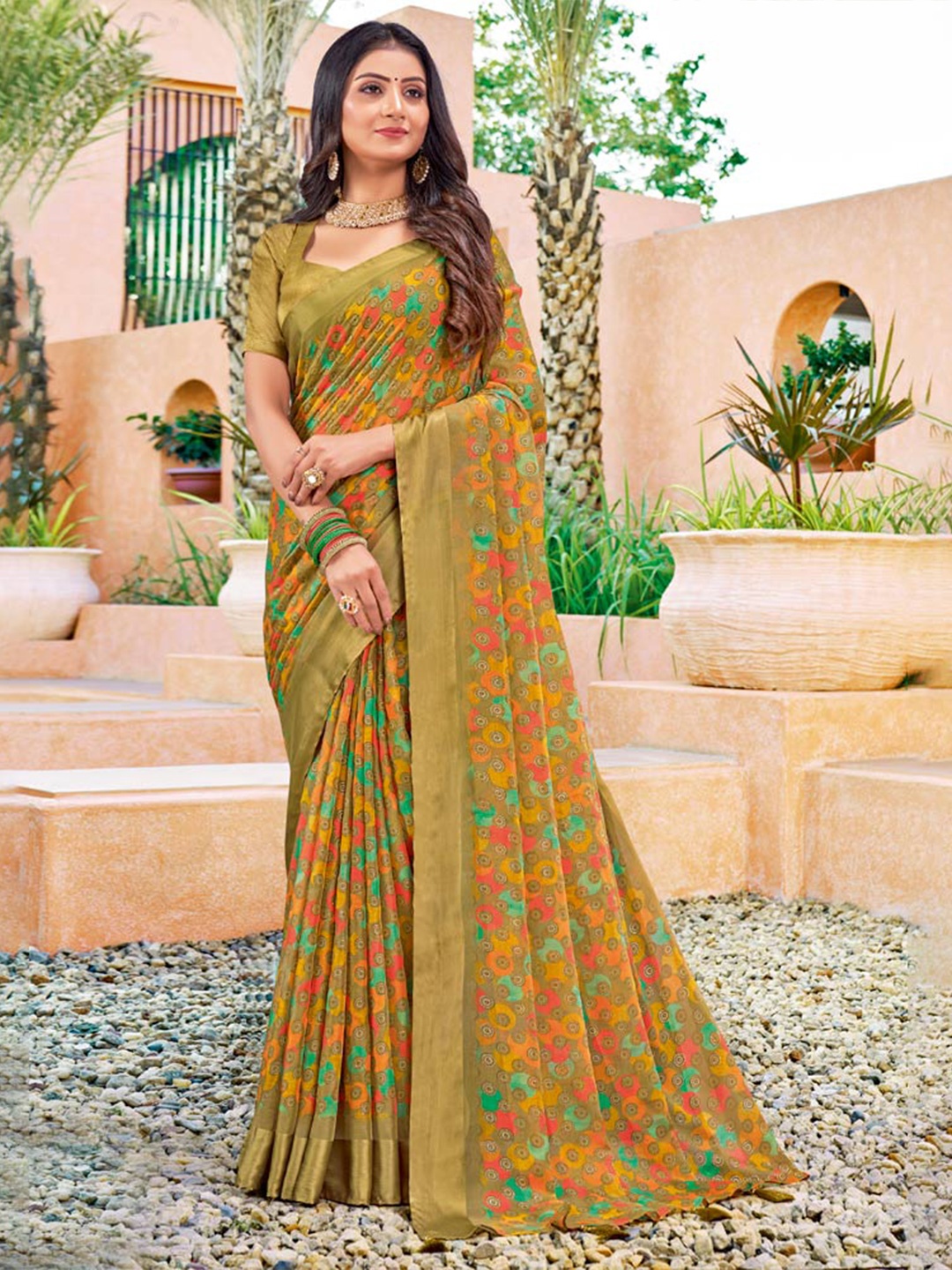

Vishal Prints Geometric Zari Poly Chiffon Saree, Olive