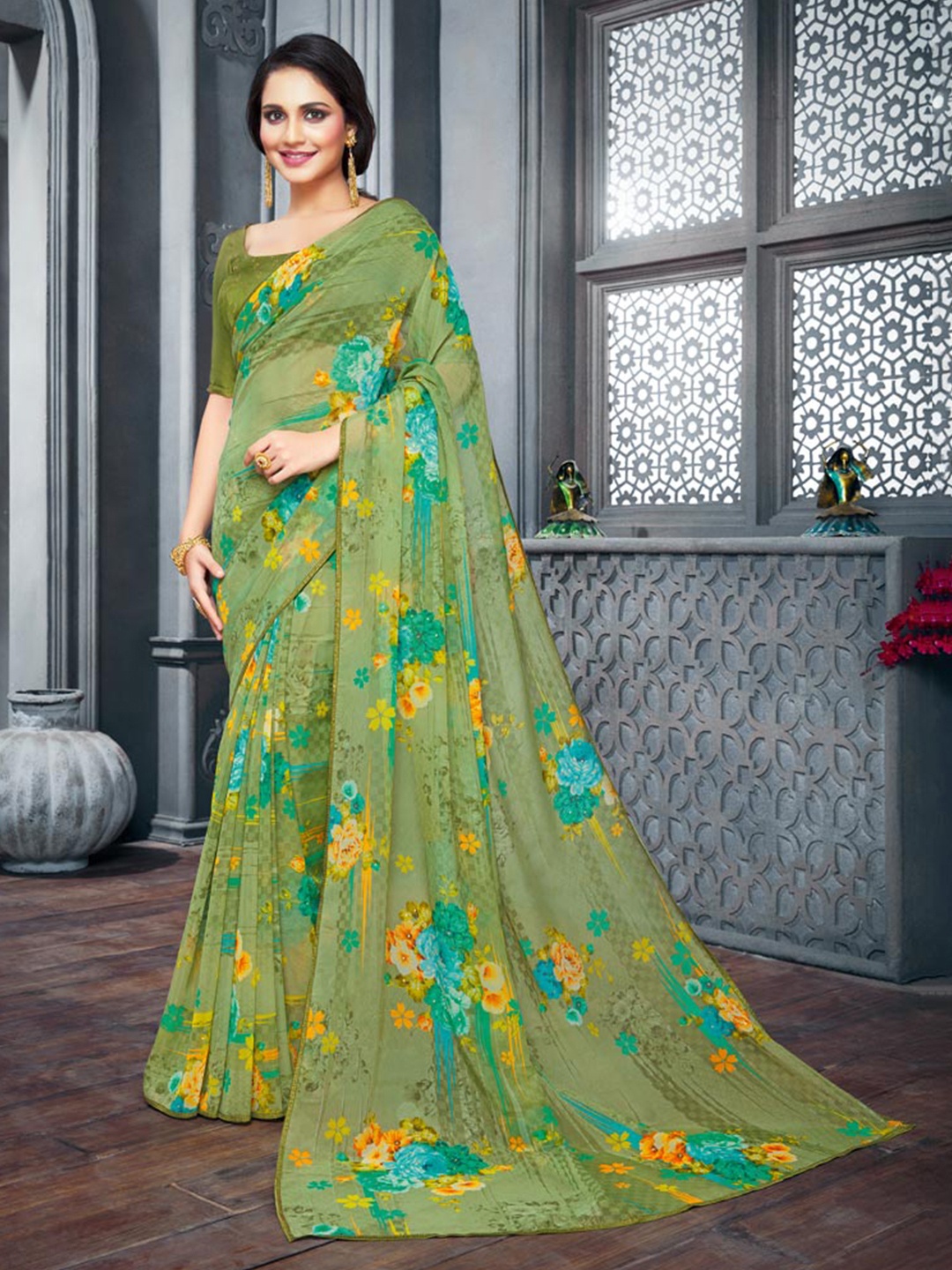 

Vishal Prints Floral Organza Saree, Olive