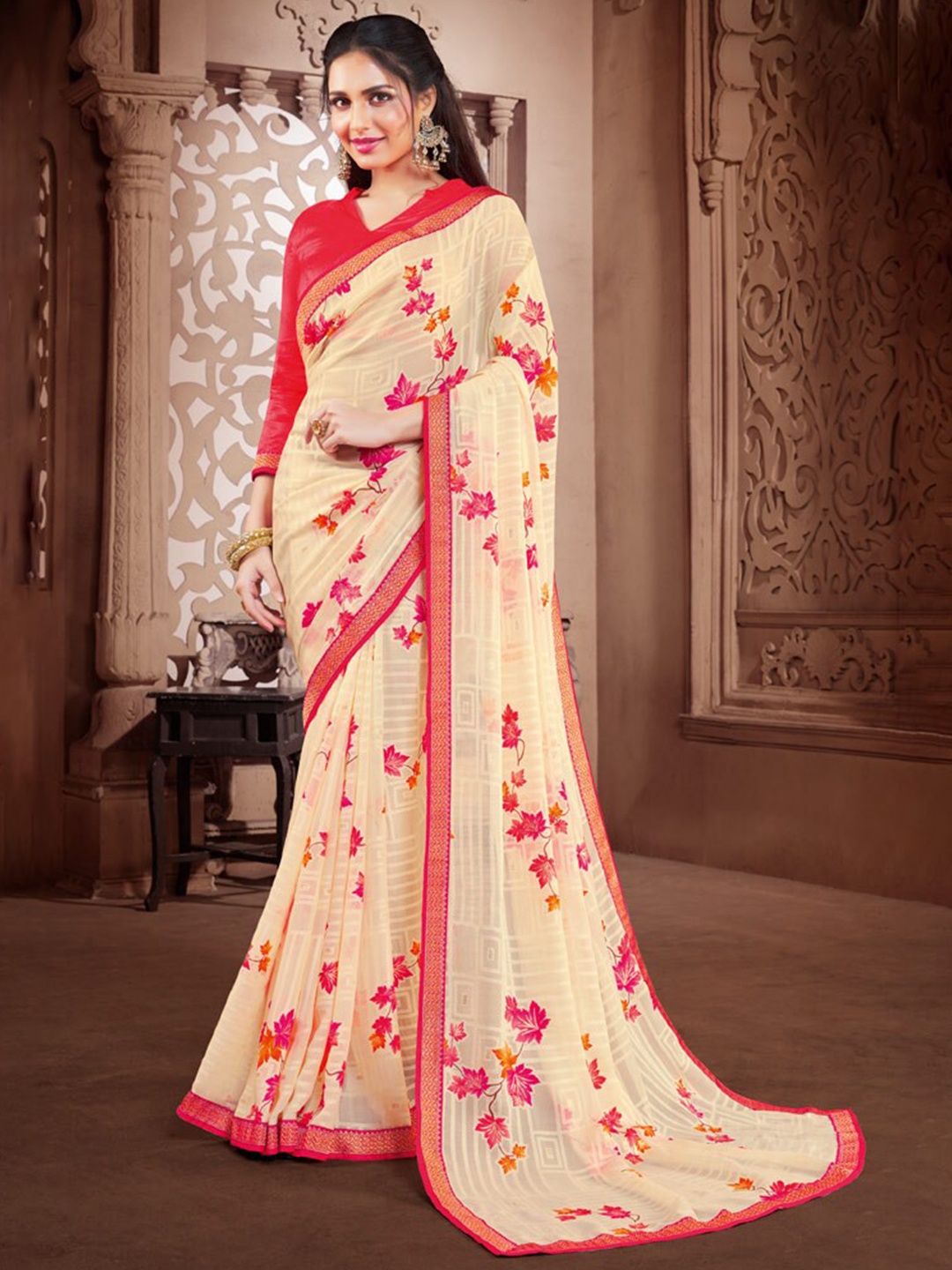 

Vishal Prints Floral Zari Brasso Saree, Cream