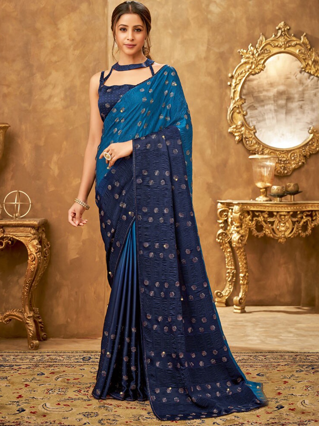 

Vishal Prints Embellished Beads and Stones Crush Satin Saree, Blue