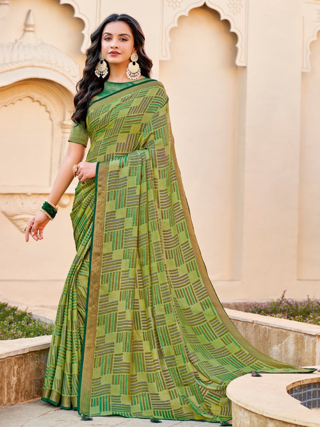 

Vishal Prints Geometric Printed Zari Brasso Saree, Olive