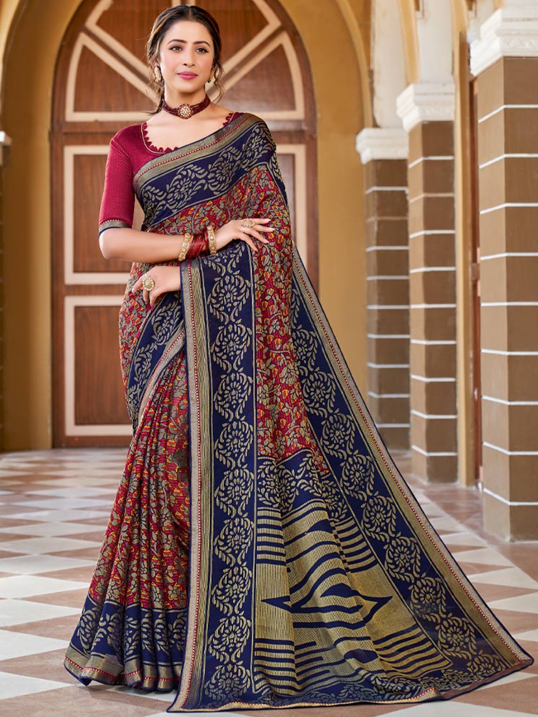 

Vishal Prints Floral Printed Zari Brasso Saree, Blue
