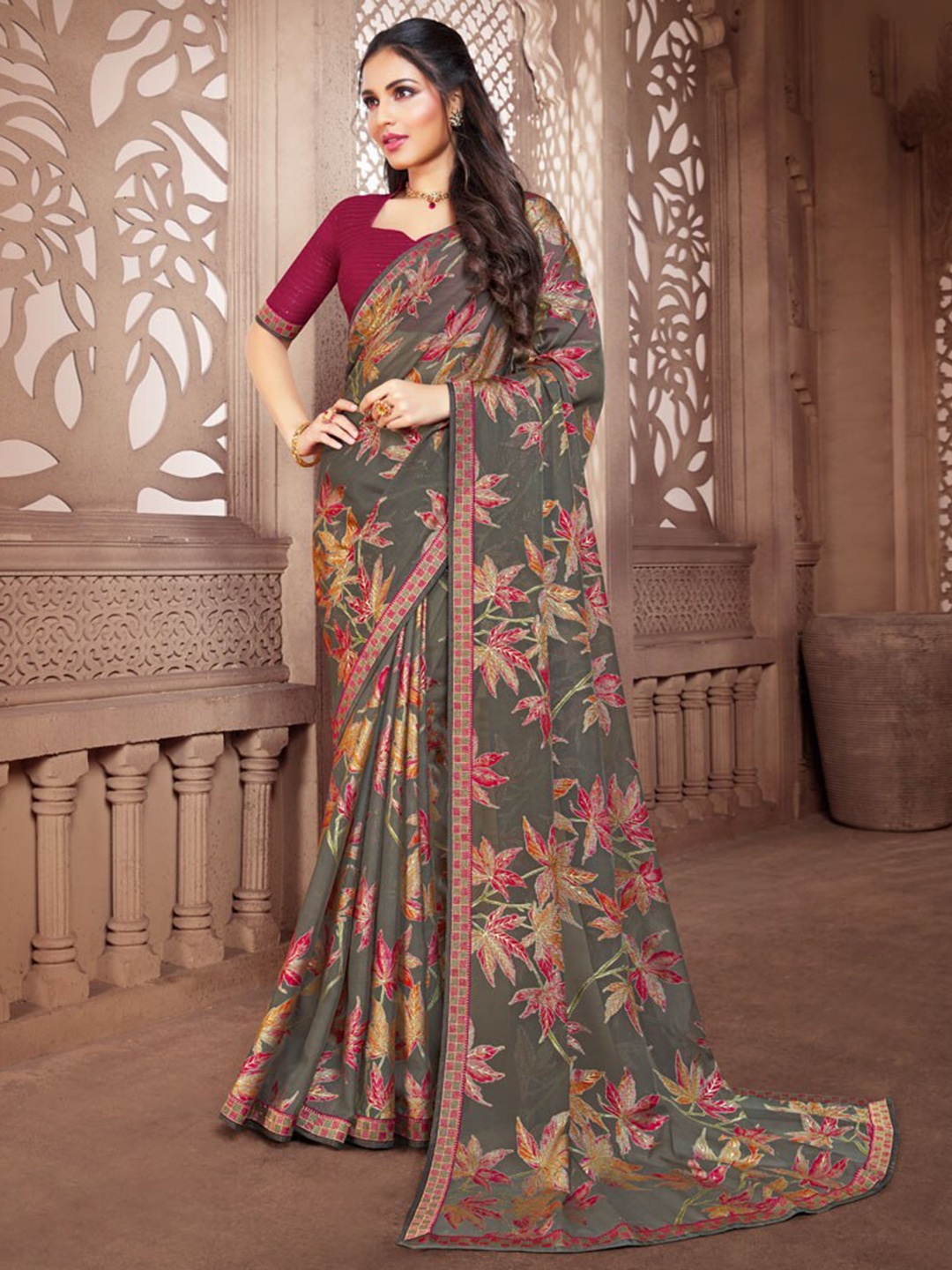 

Vishal Prints Floral Printed Brasso Saree, Grey