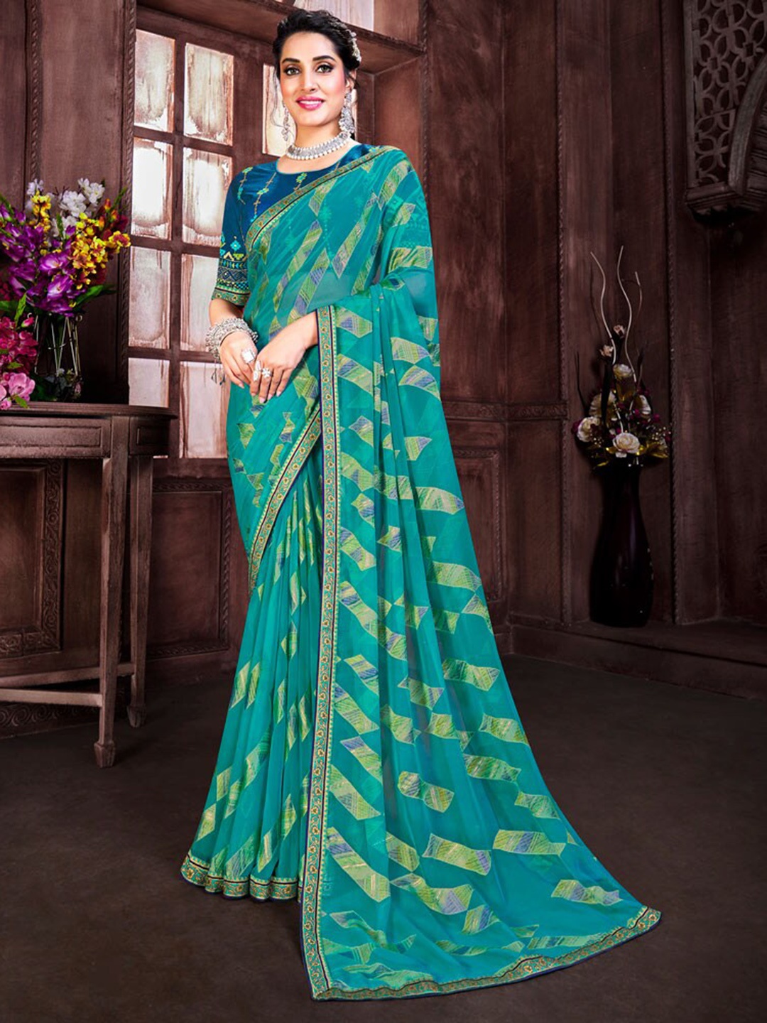 

Vishal Prints Abstract Zari Brasso Saree With Blouse Piece, Teal