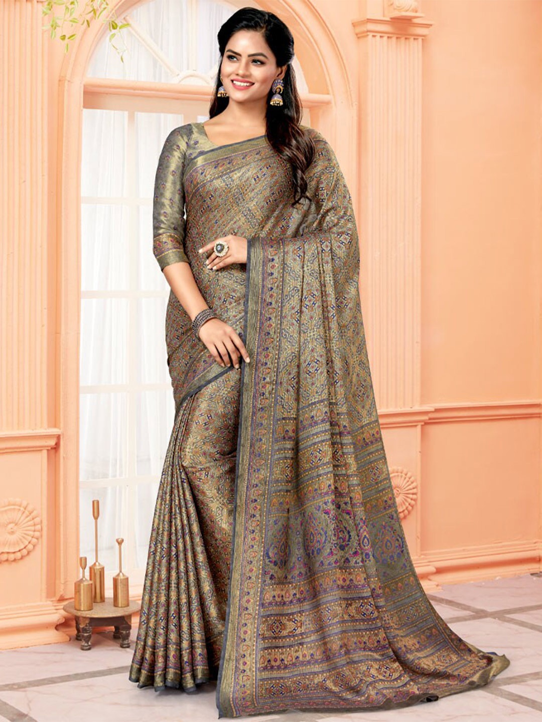 

Vishal Prints Ethnic Motifs Printed Brasso Saree, Grey