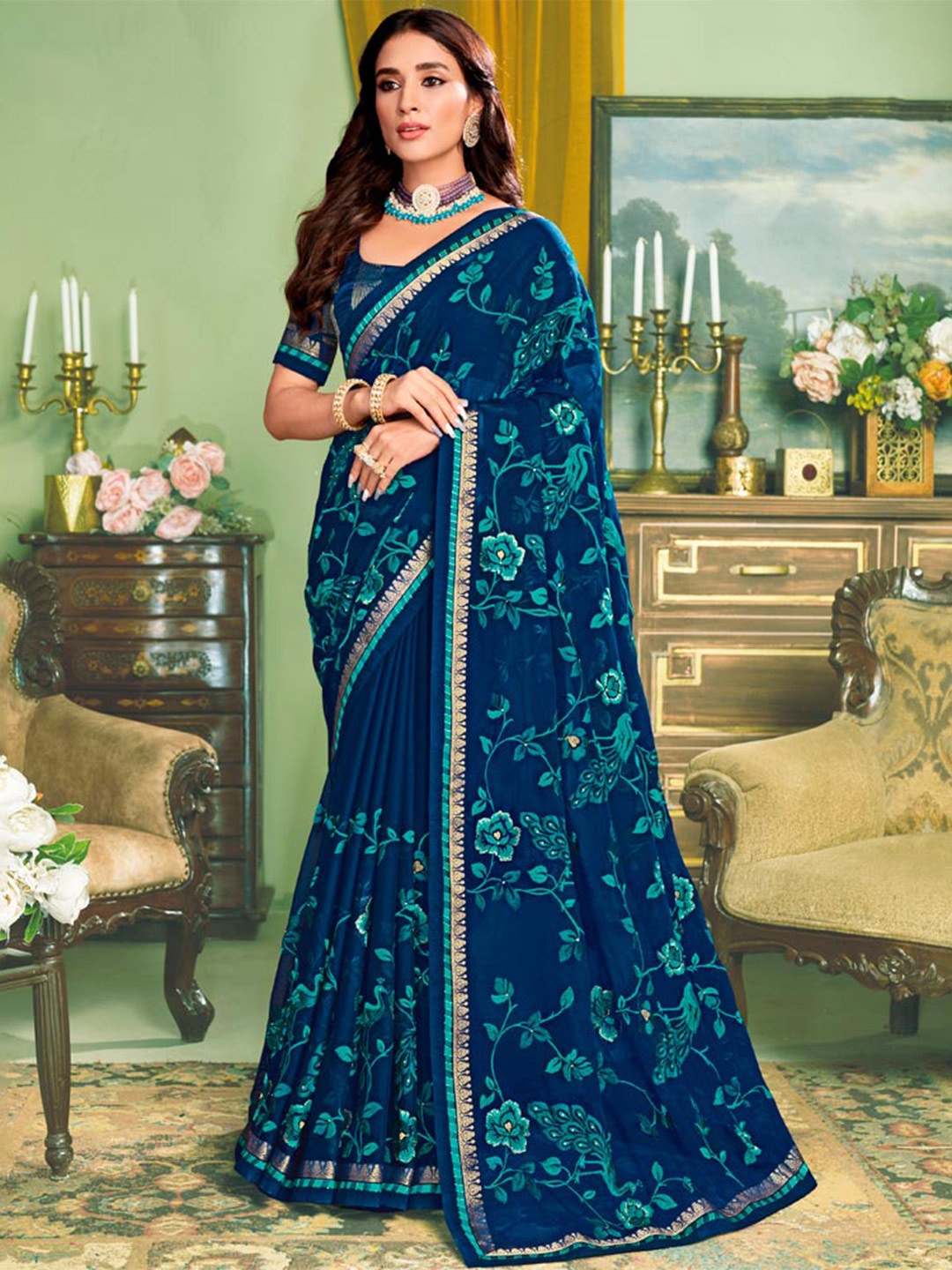 

Vishal Prints Floral Printed Chiffon Saree, Blue