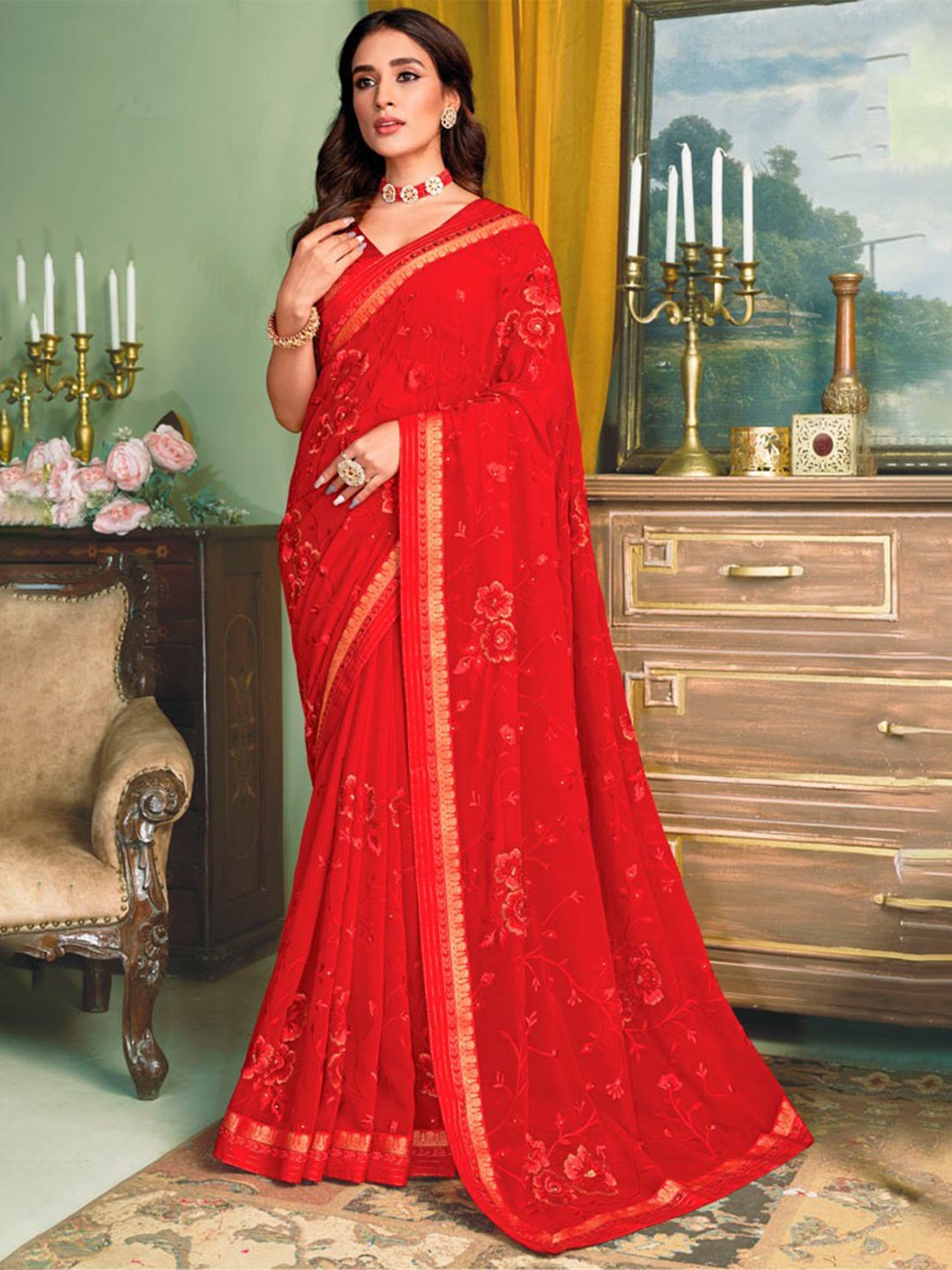 

Vishal Prints Floral Embroidered Saree, Red