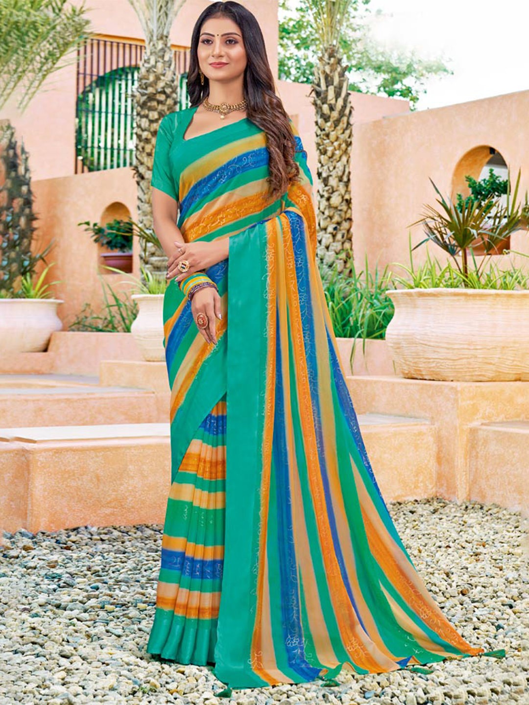 

Vishal Prints Striped Beads and Stones Saree, Green