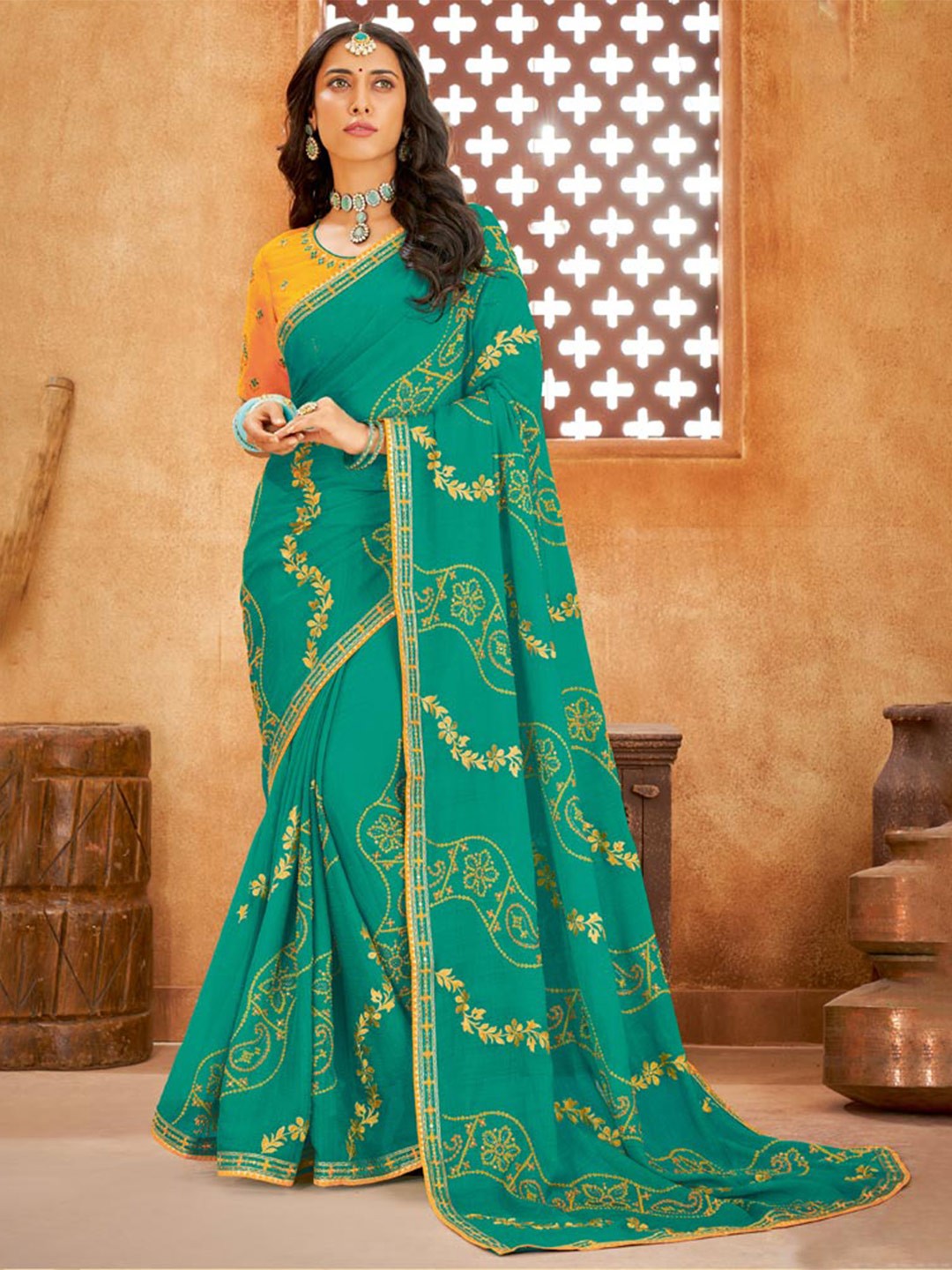

Vishal Prints Floral Printed Embroidered Saree, Teal