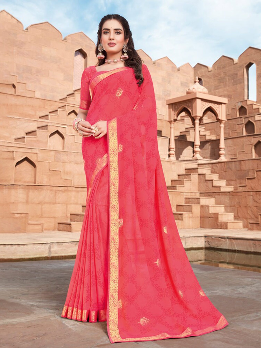 

Vishal Prints Ethnic Motifs Printed Zari Saree, Rose